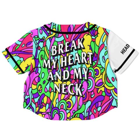 Back and sleeve view of colorful smiley rave crop top with bold text and vibrant patterns
