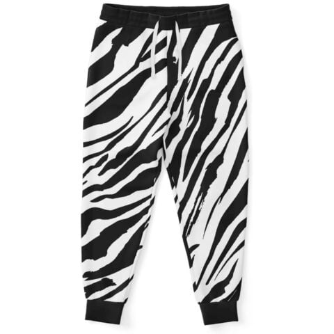 Black and white zebra print rave joggers with drawstring waist, front view