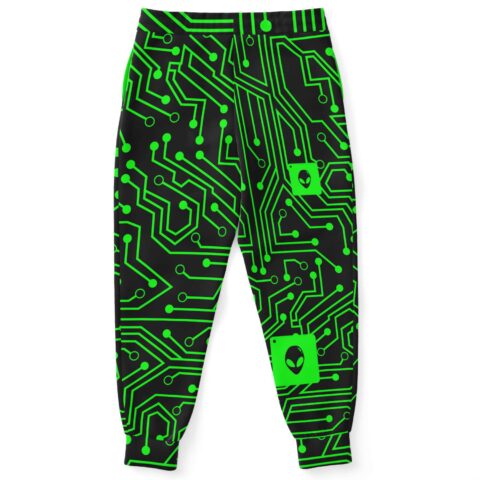 Circuit board joggers back view showing dual alien chip graphics near cuffs