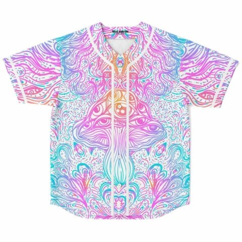 White rave baseball jersey with psychedelic mushroom eye print in pink and teal, front view