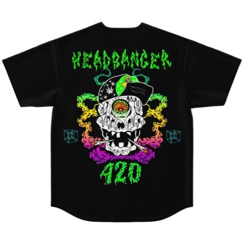 Black jersey back view with Headbanger 420 text and dripping skull graphic design