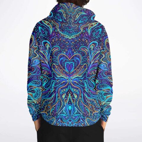 Back view of the symmetrical swirling line art pattern on the psychedelic heart hoodie
