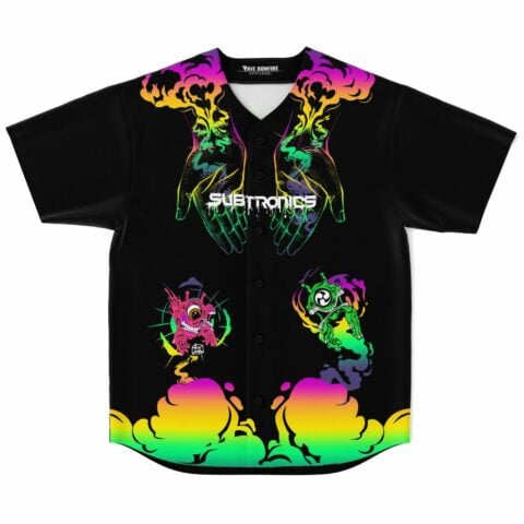 Black rave baseball jersey with glowing two hands smoke design and Subtronics text front view