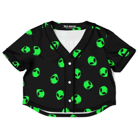 Black alien rave crop top with green alien-inspired print, front