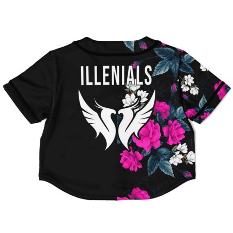 Back view of black pink floral rave crop top with pink floral details and text