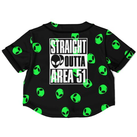 Back view of black alien rave crop top with alien-themed text design
