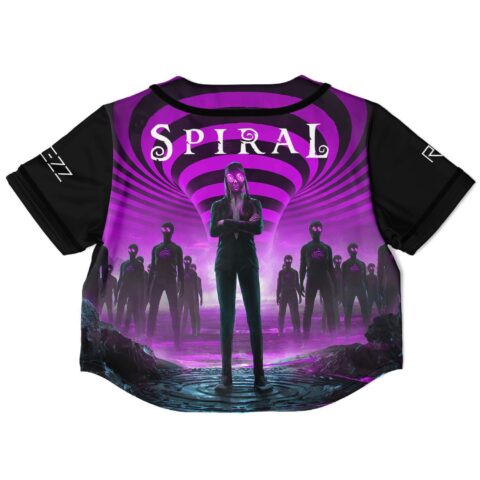 Black anime rave crop top, back view, purple spiral with figures
