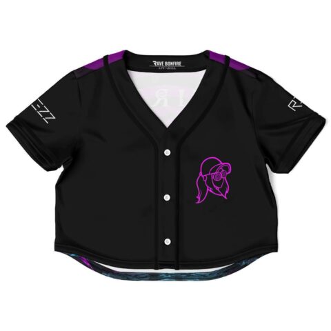 Black anime rave crop top, front view, purple accents and anime-inspired artwork