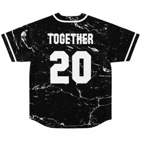 back view of black marble rave baseball jersey with custom name and number in white
