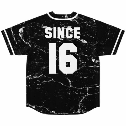 black marble rave baseball jersey back view with custom name and number above the white piping