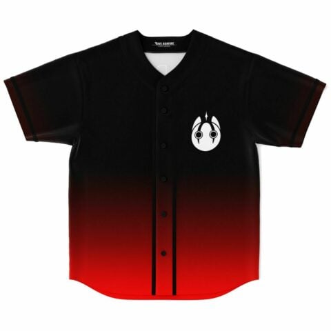 Black to red ombre baseball jersey with white mask-like emblem on chest, front view