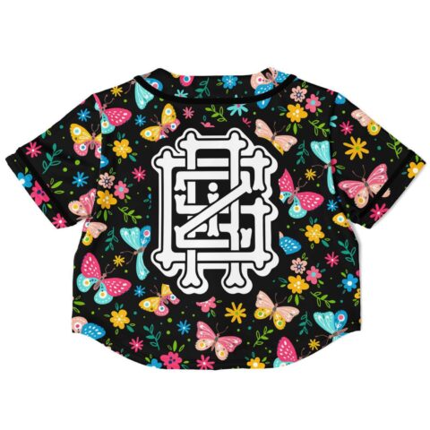 Butterfly and flower rave crop top, back view, floral pattern with bold graphic