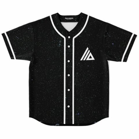 Black galaxy speckled baseball jersey with white trim and triangle mountain logo front view