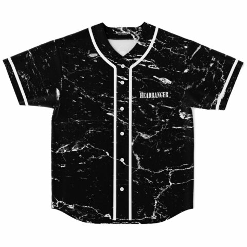 black white marble print rave baseball jersey with Headbanger wordmark on the chest, flat front view