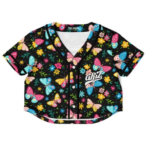 Colorful butterfly and flower rave crop top on black, front view