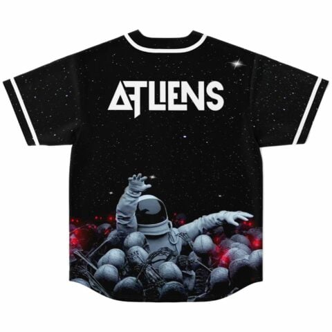 Back view of black jersey with ATLIENS text over astronaut rising from glowing red-eyed skulls
