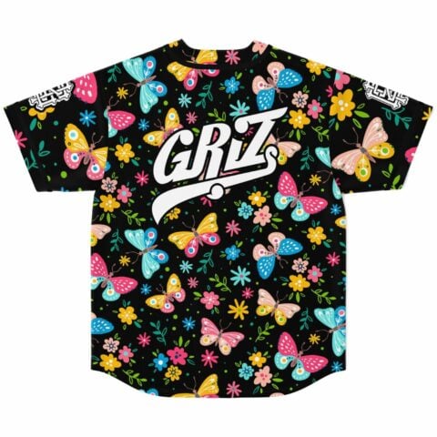 Black butterfly print jersey back view showing bold white GRiZ text across shoulders