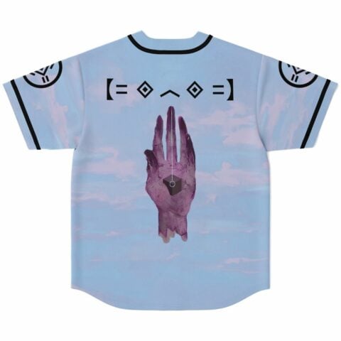 Back view of pastel cloud jersey with surreal hand and cube graphic below emoji-style symbol