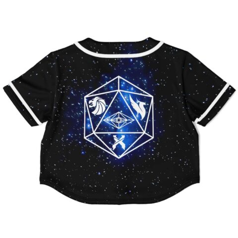 Back view of black crop jersey with geometric and celestial graphics.