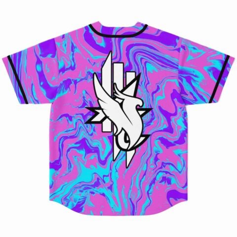 Back view of pink liquid marble jersey showing white wing and star emblem