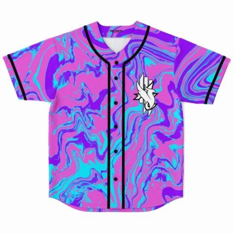 Pink liquid marble rave baseball jersey with black buttons front view flat lay