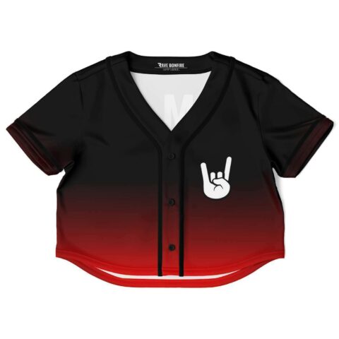 Black and red gradient rock hand rave crop top, front view, rock hand graphic