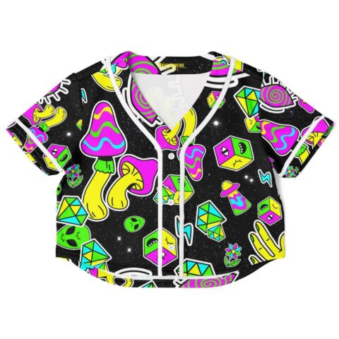 Black trippy shapes rave crop top with colorful psychedelic shapes and a mushroom design, front view