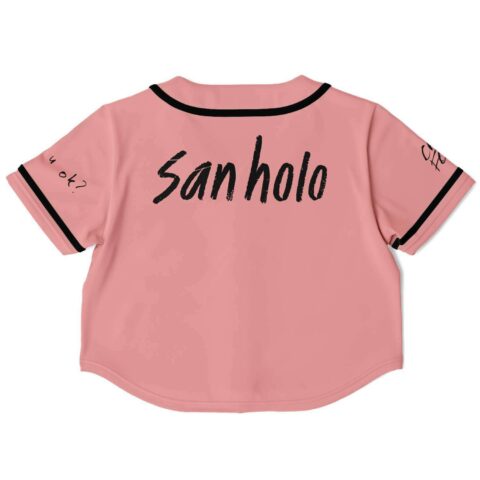 Pink pixel art rave crop top, back view, bold lettering design