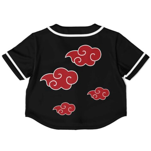 Back view of the black red cloud rave crop top with scattered anime-style red clouds and white collar trim