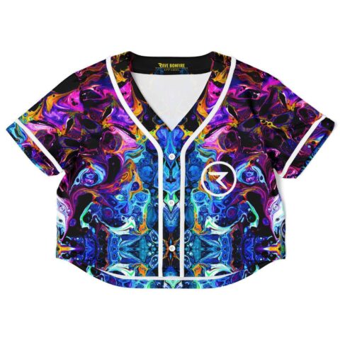 Abstract swirl rave cropped baseball jersey with a vibrant multicolor swirling print