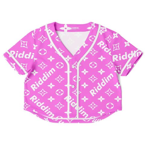 Pink riddim monogram rave crop top, front view with the white monogram pattern