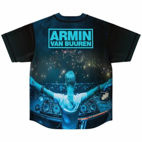 Back view of DJ rave baseball jersey with crowd photo print and teal name text