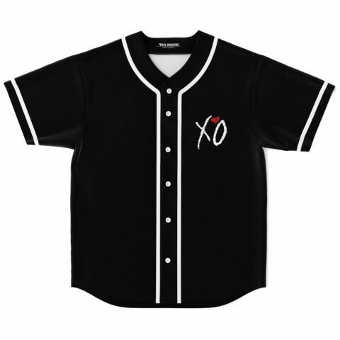 Black baseball jersey with white XO wordmark and red heart on chest, front view