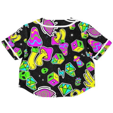 Back view of the black trippy shapes rave crop top with playful psychedelic designs in bright colors