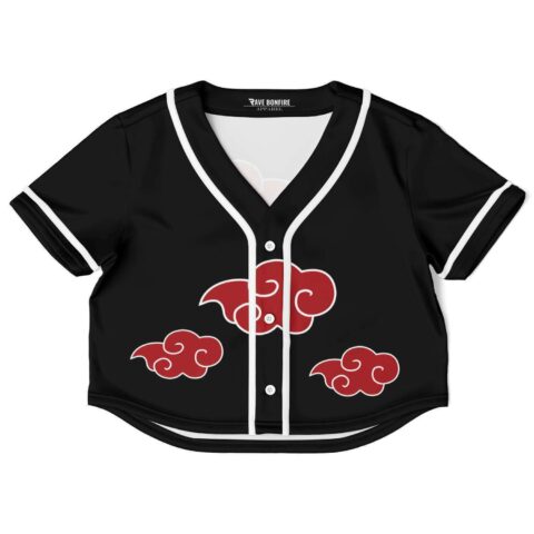 Black red cloud rave crop top with anime-style red cloud print and white trim, front view