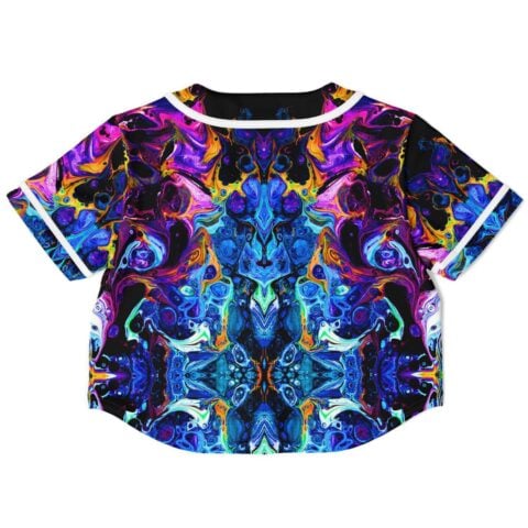 Back view of the abstract swirl rave cropped baseball jersey with a symmetrical colorful swirl pattern