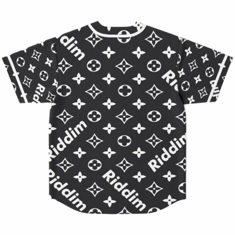Back view of black monogram jersey showing diagonal Riddim text and floral crest pattern
