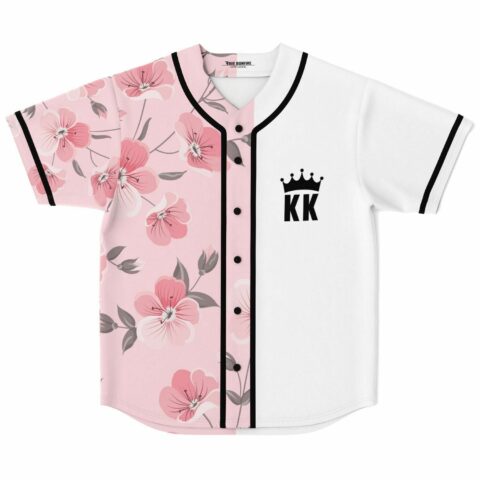 Cherry blossom split rave baseball jersey, pink floral half and white half with crown monogram, front view