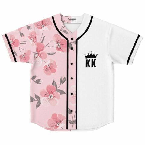 Pink floral split rave baseball jersey with cherry blossom half and white crown monogram half, front