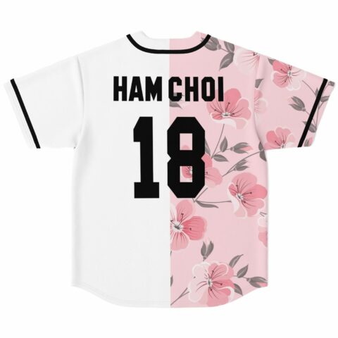 Pink floral split rave baseball jersey with custom name and number over floral and white panels, back view