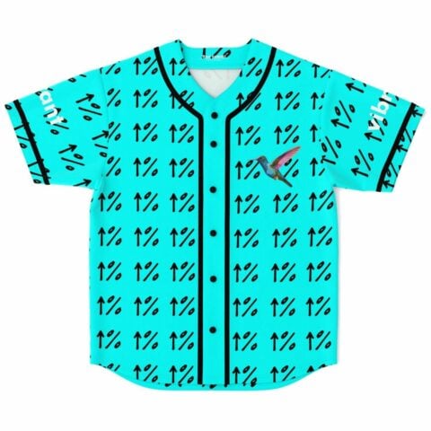 Turquoise rave baseball jersey with repeating up-arrow percent print and hummingbird patch, front view