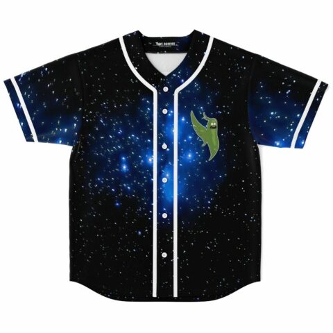 Deep space galaxy rave baseball jersey in black and royal blue with green winged pickle character on the chest, front view