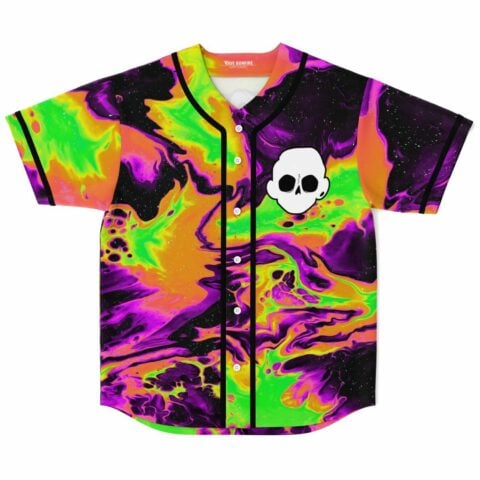 Neon acid marble rave baseball jersey front view with white skull patch on chest