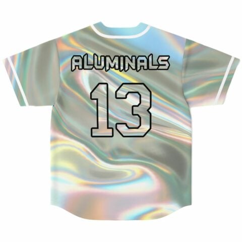 Back view of holographic jersey with Aluminals 13 printed in bold outline text