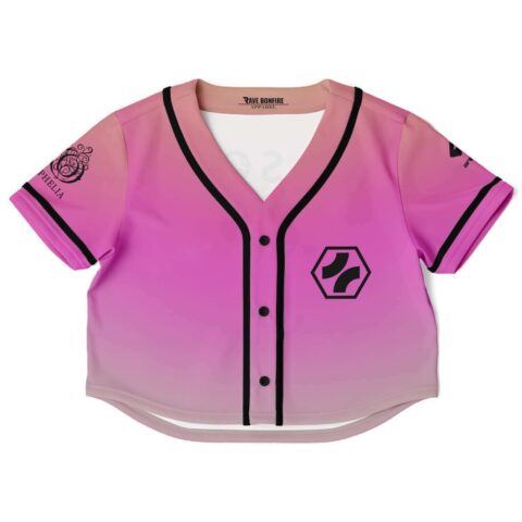 Pink gradient rave crop top with black accents, front view