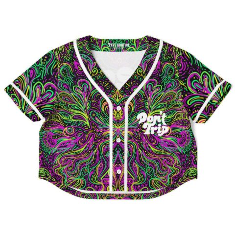 Psychedelic swirl rave cropped baseball jersey in black with a vibrant swirling pattern
