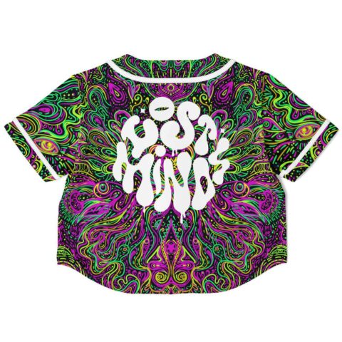Psychedelic swirl rave cropped baseball jersey with bold text and intricate psychedelic design, back view