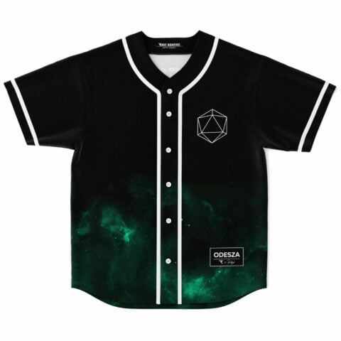 black baseball jersey with white geometric icosahedron and green nebula fade front view