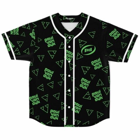 Black rave baseball jersey with green triangle print and repeating logo text front view