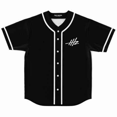 Black rave baseball jersey with white piping and HHz monogram on chest, front view